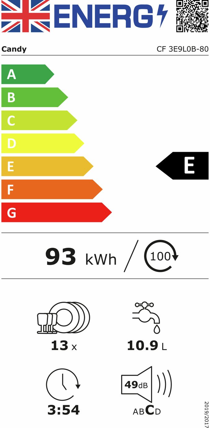 Candy FS CF3E9L0B80 Full Size Dishwasher - Black