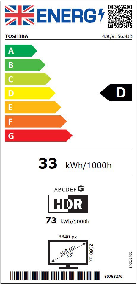 Toshiba 43 Inch 43QV1563DB 4K Ultra HD HDR QLED Freely TV