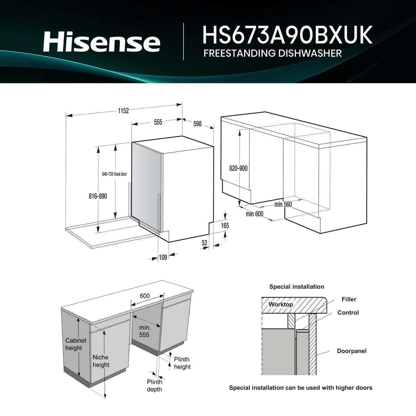 Hisense HS673A90BXUK Full Size Dishwasher - Black