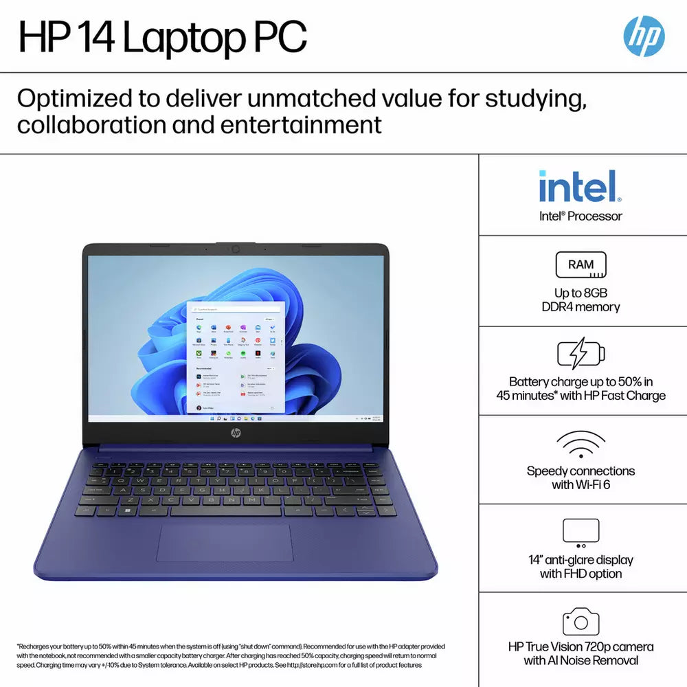 HP 14-dq6001na 14 Inch Intel N150 4GB 128GB Laptop - Blue