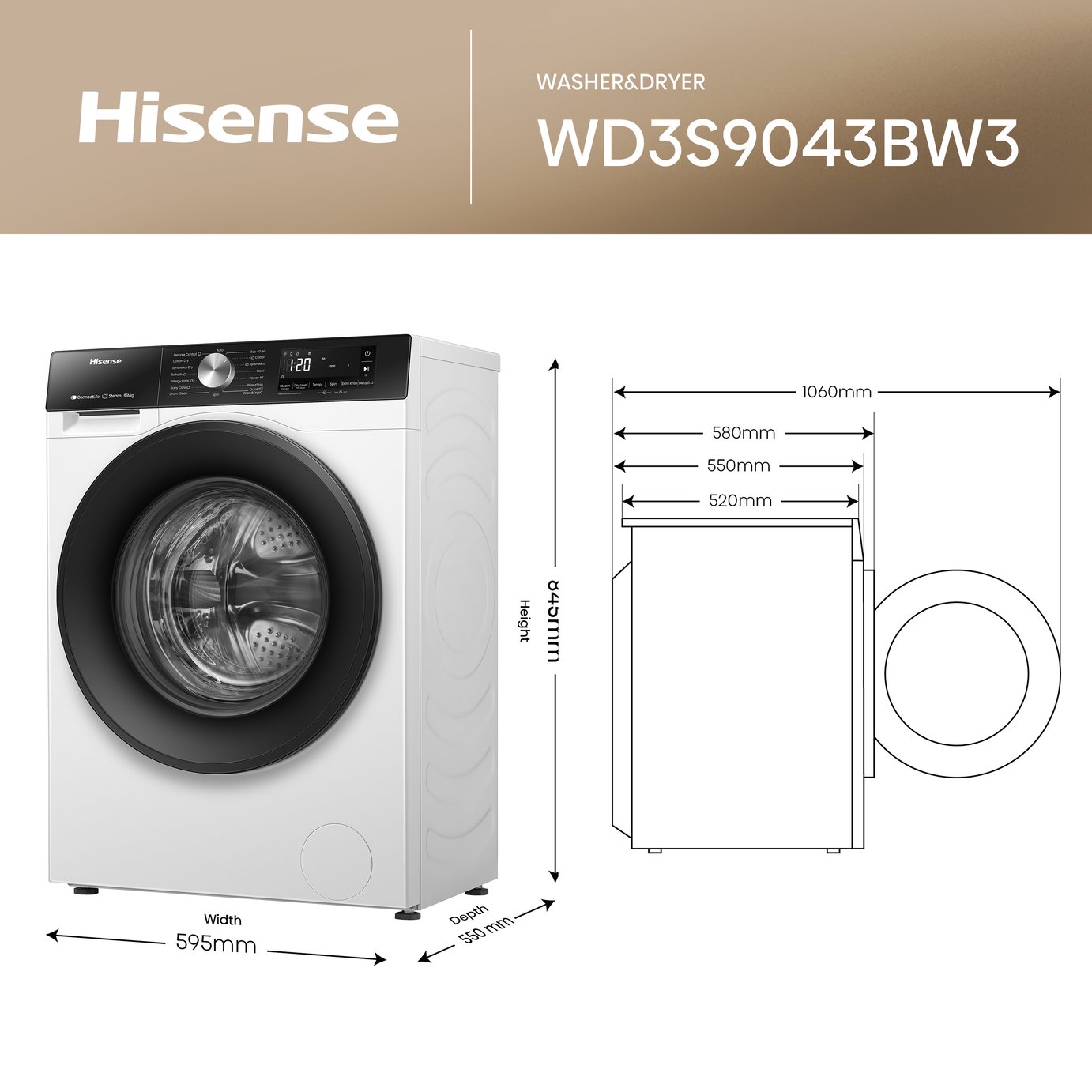 Hisense WD3S9043BW3 9/6KG 1400 Spin Washer Dryer - White