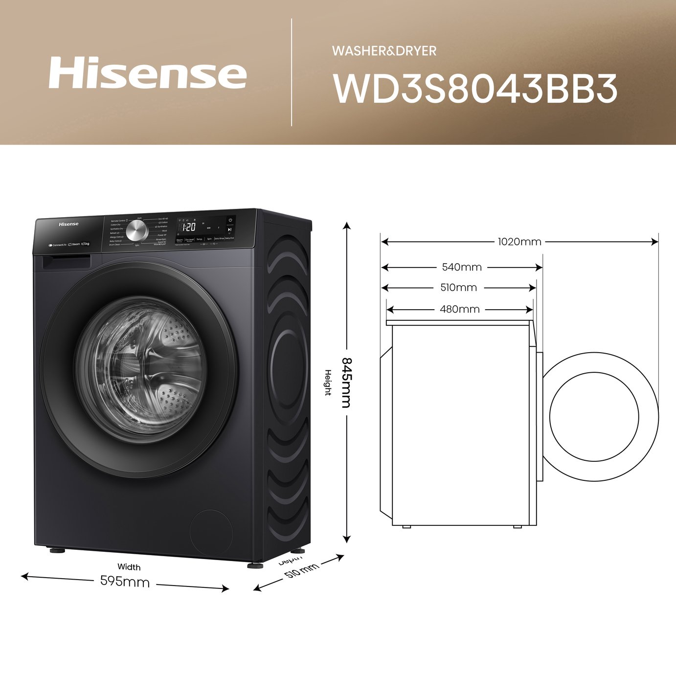 Hisense WD3S8043BB3 8/5KG 1400 Spin Washer Dryer - Black
