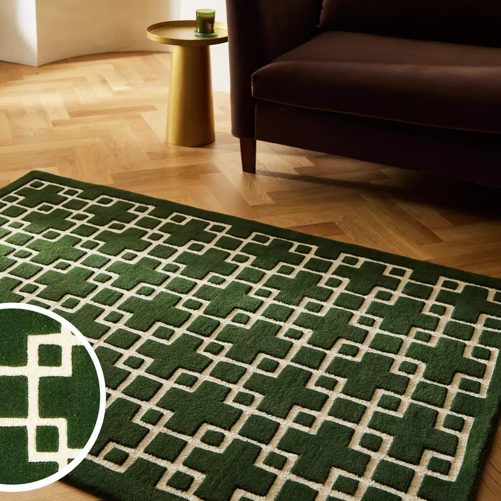 Habitat Luxe Chain Green Wool Cut Pile Rug - 120x170cm