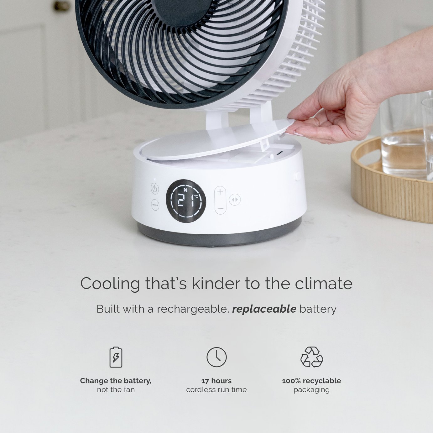 Meaco Sefte Rechargeable White Desk Fan - 8 Inch