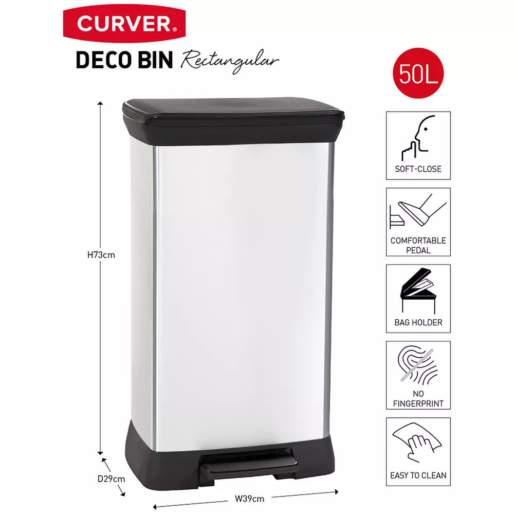 Curver 50 Litre Deco Pedal Bin - Silver