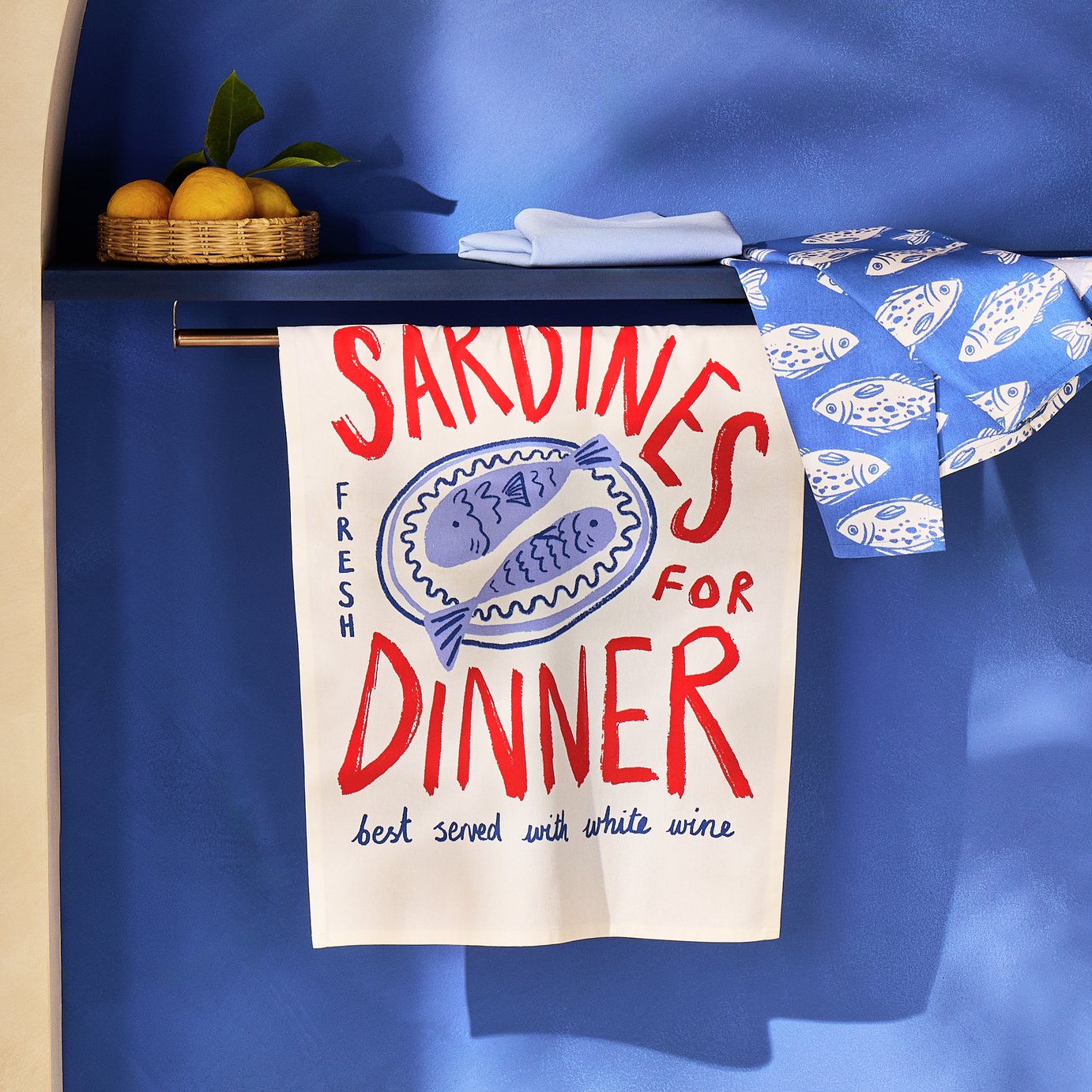Argos Home Med Coastal Pack of 3 Tea Towels - White & Blue