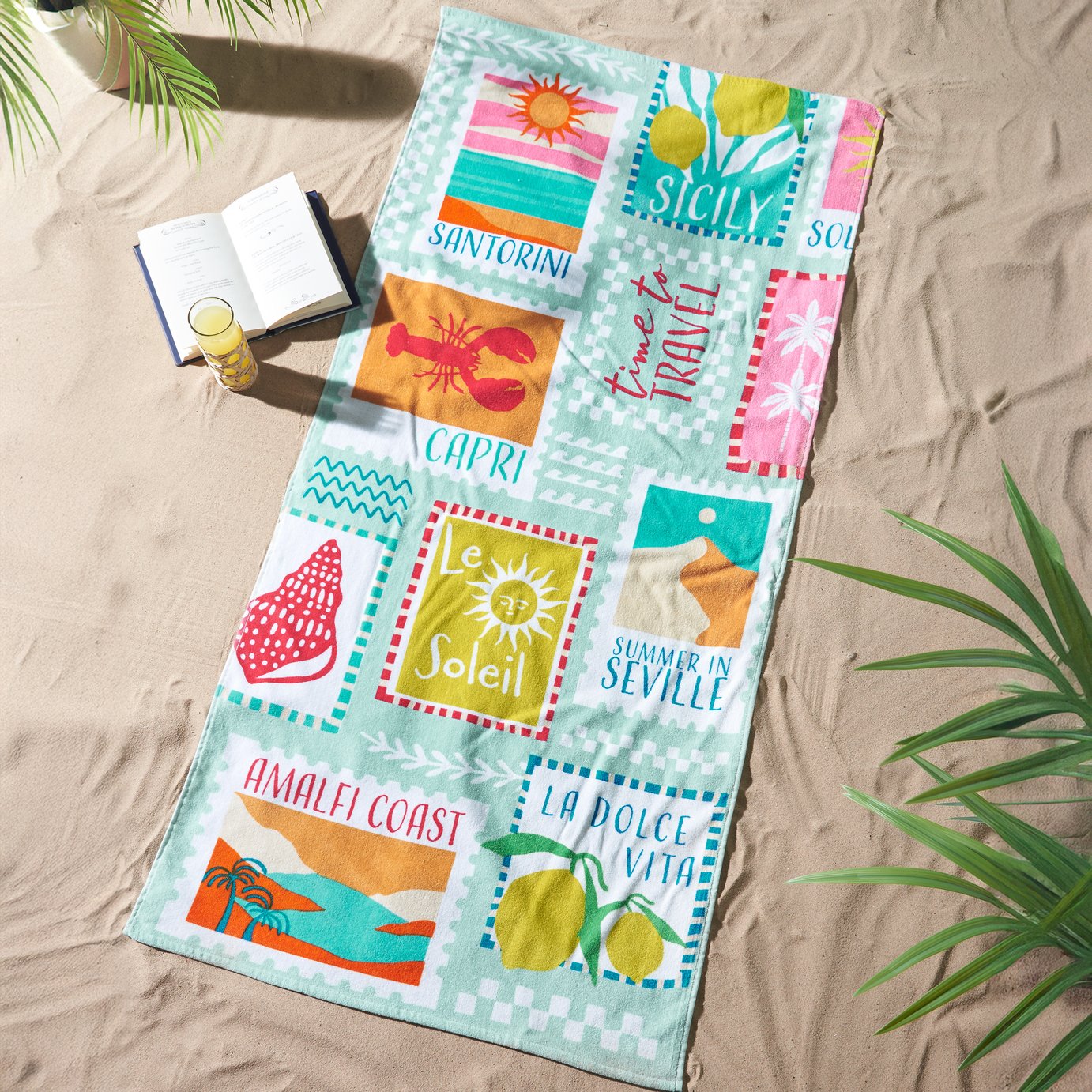 Catherine Lansfield Postcards Beach Towel - Sage Green