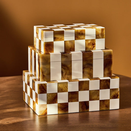Habitat Checkered Set of 3 Trinket Boxes - Brown & Cream