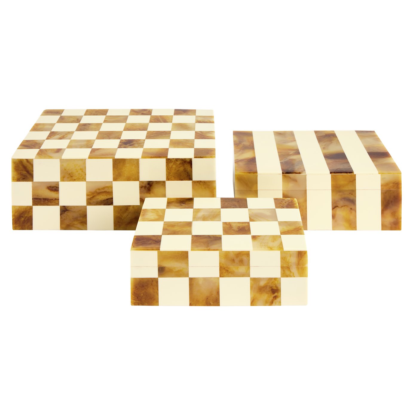 Habitat Checkered Set of 3 Trinket Boxes - Brown & Cream