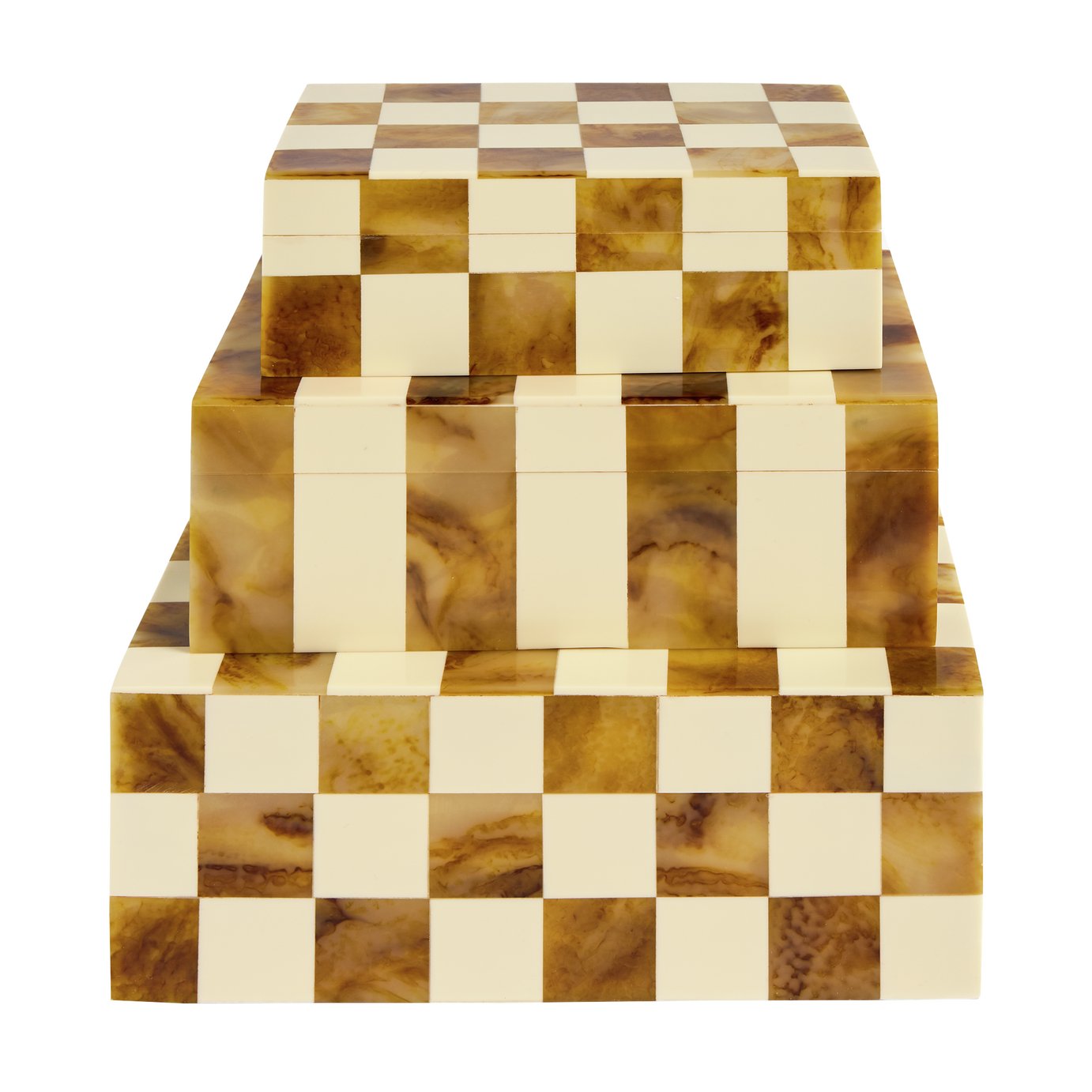 Habitat Checkered Set of 3 Trinket Boxes - Brown & Cream