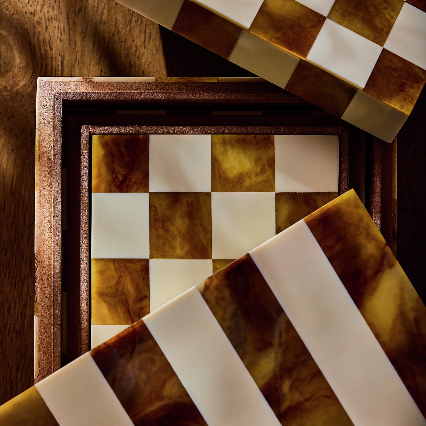 Habitat Checkered Set of 3 Trinket Boxes - Brown & Cream