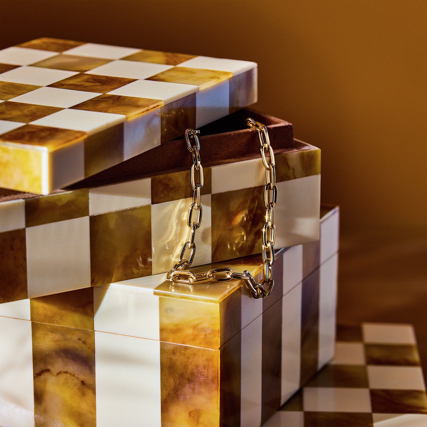 Habitat Checkered Set of 3 Trinket Boxes - Brown & Cream