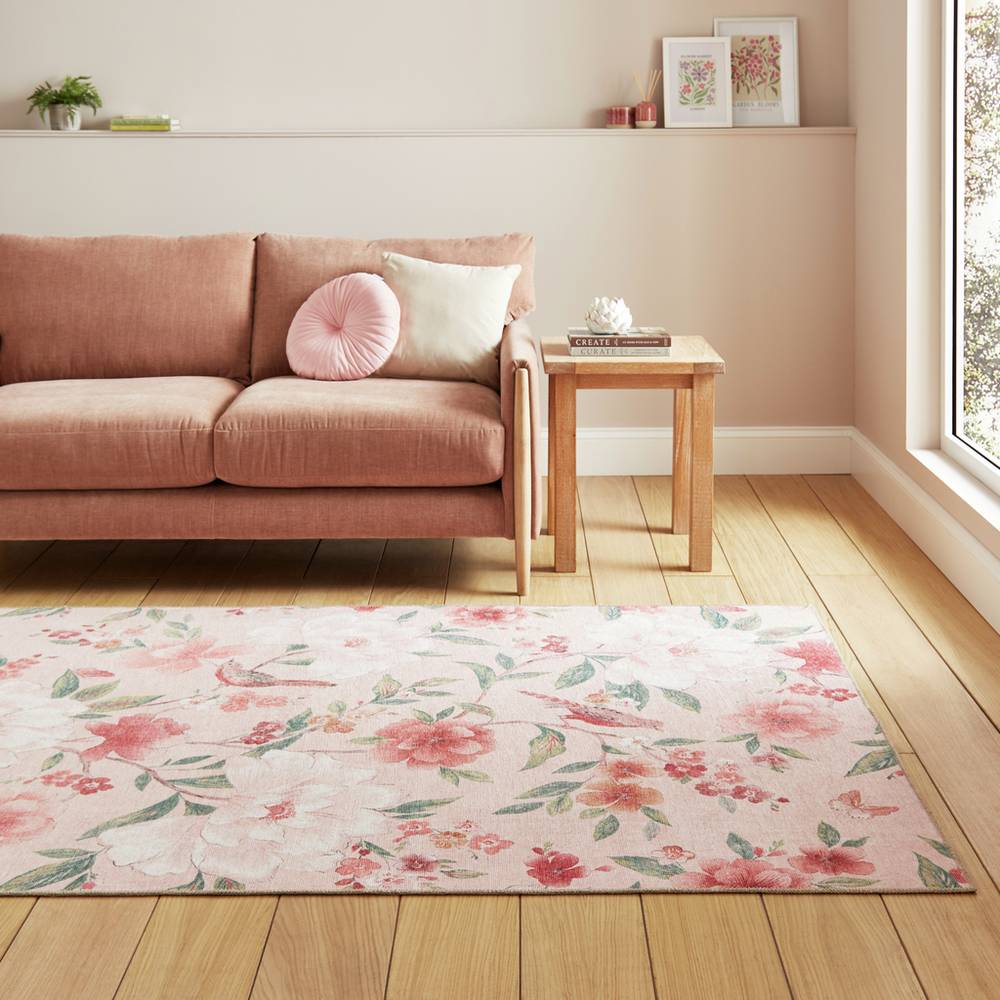 Catherine Lansfield Floral Pink Flatweave Rug - 76x150cm