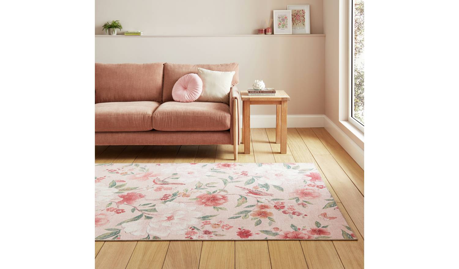 Catherine Lansfield Floral Pink Flatweave Rug - 76x150cm