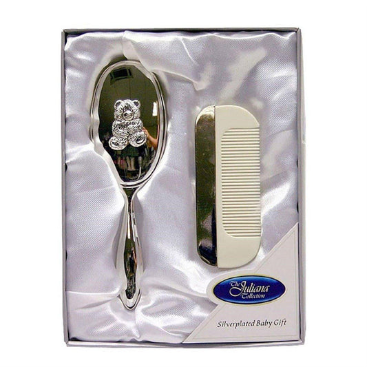 Juliana Collection Silver plated Baby Brush & Comb - Teddy Design
