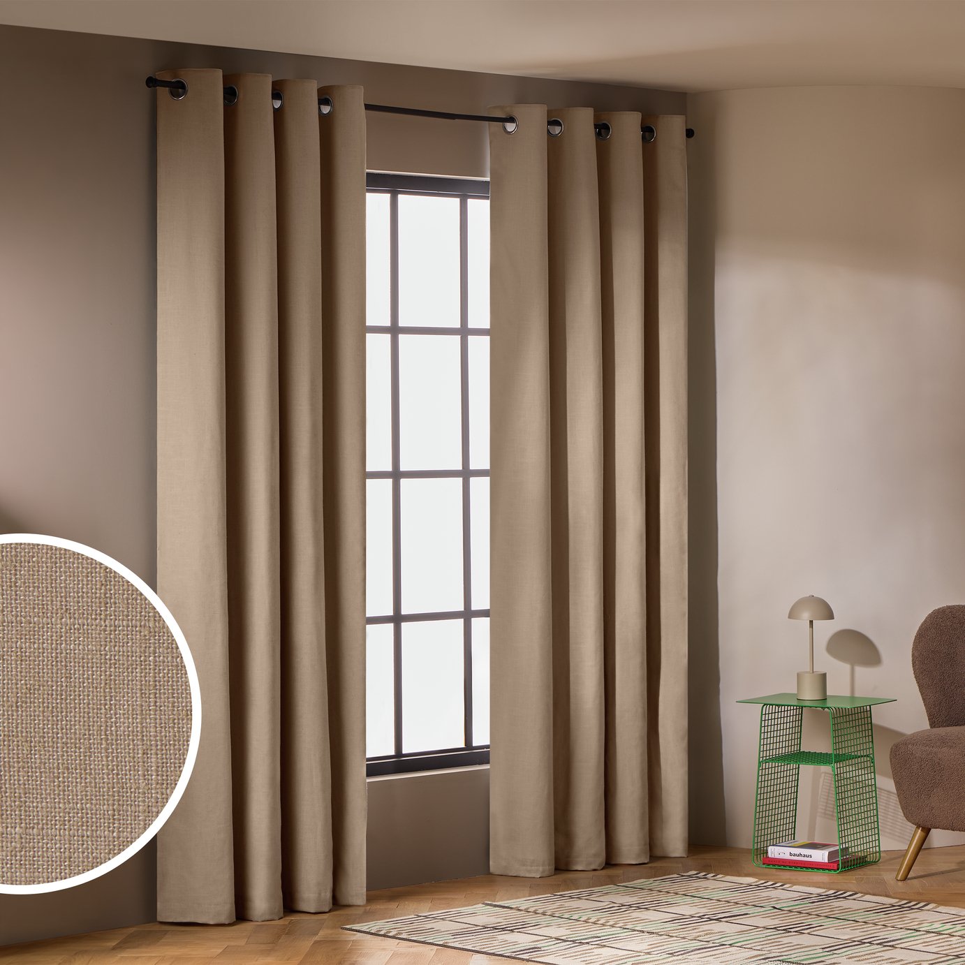 Habitat With Linen Blackout Eyelet Curtains-Stone- 117x137cm
