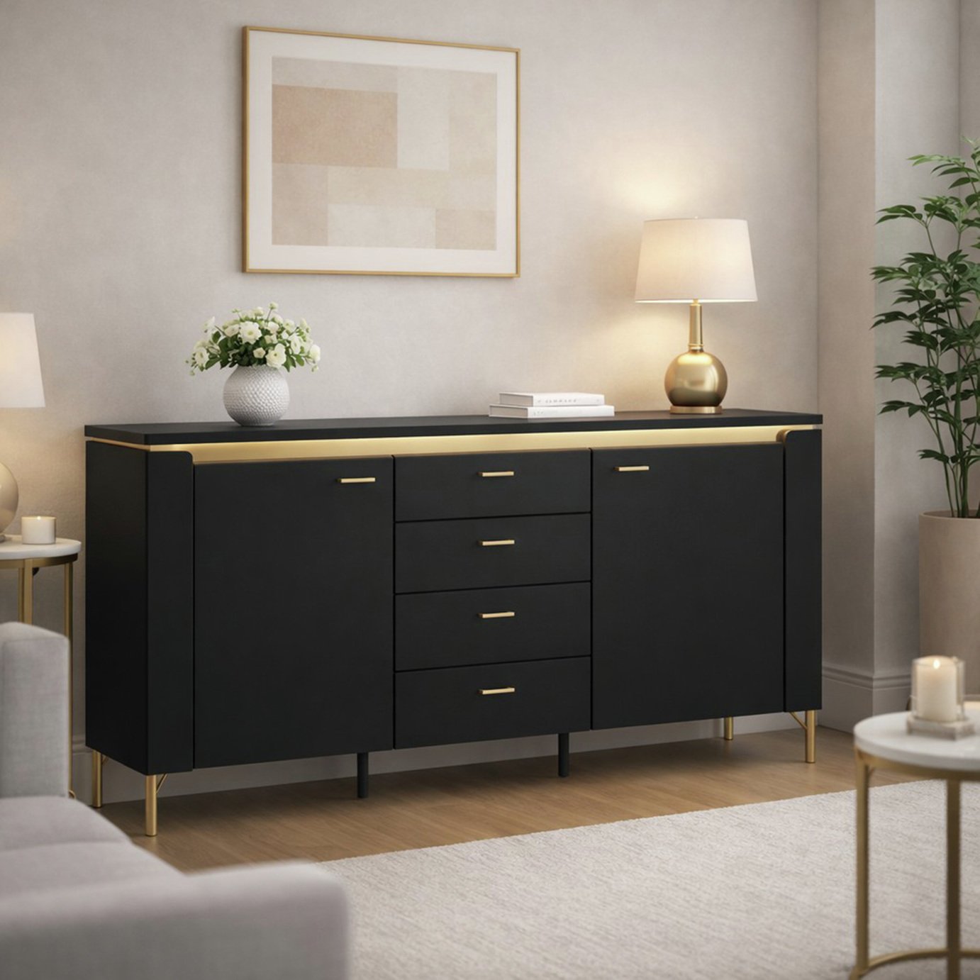 Furniture To Go Genoa 2 Door 4 Drawer Sideboard - Black Matt/Gold