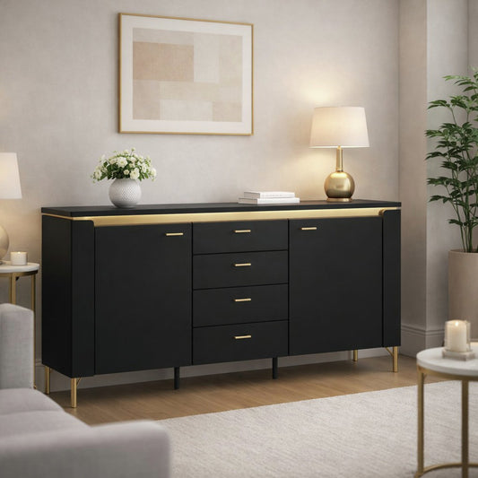 Furniture To Go Genoa 2 Door 4 Drawer Sideboard - Black Matt/Gold