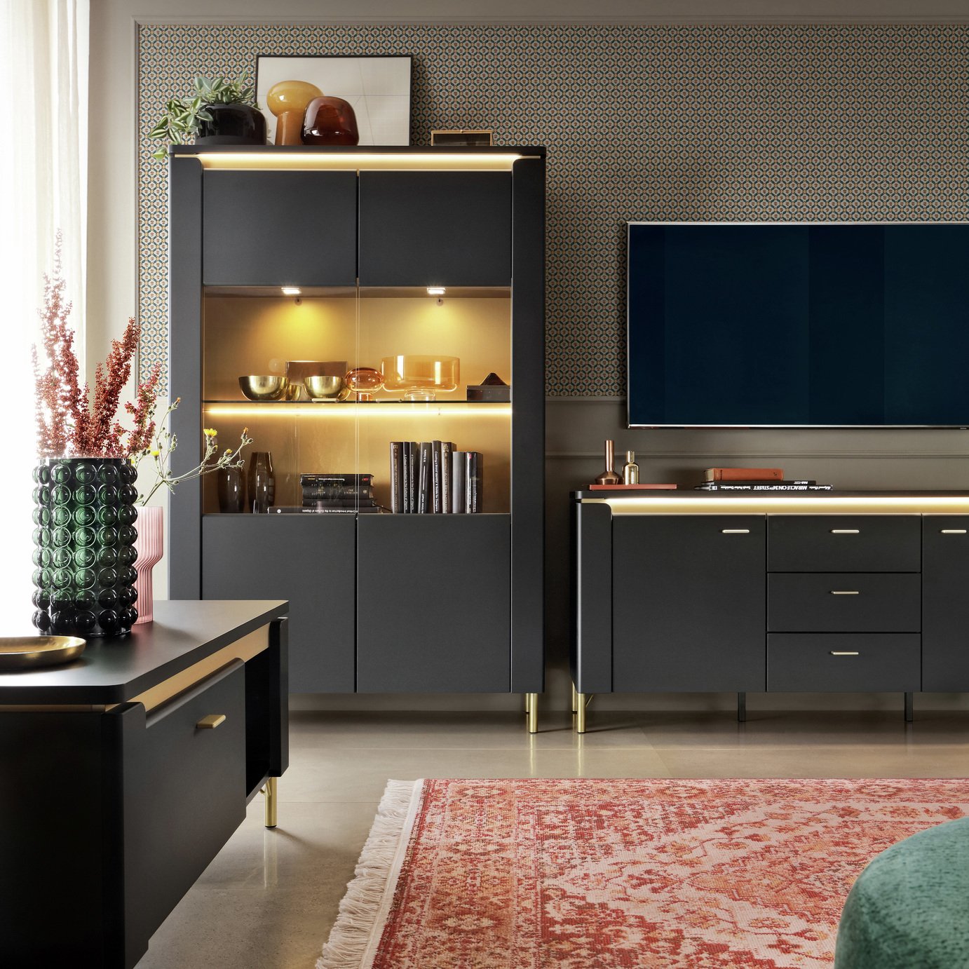 Furniture To Go Genoa 2 Door 4 Drawer Sideboard - Black Matt/Gold