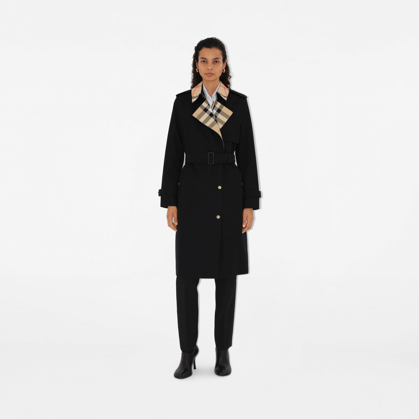 Long Check Collar Gabardine Trench Coat