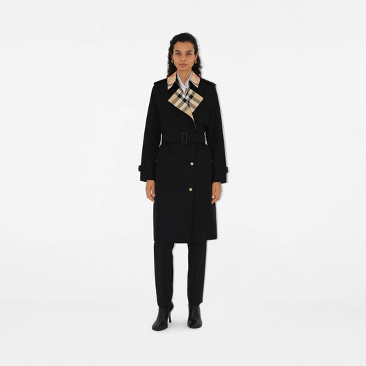 Long Check Collar Gabardine Trench Coat