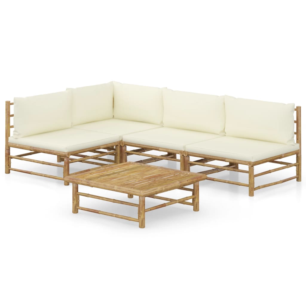 NNEVL 5 Piece Garden Lounge Set with Cream White Cushions Bamboo - Interactive Group