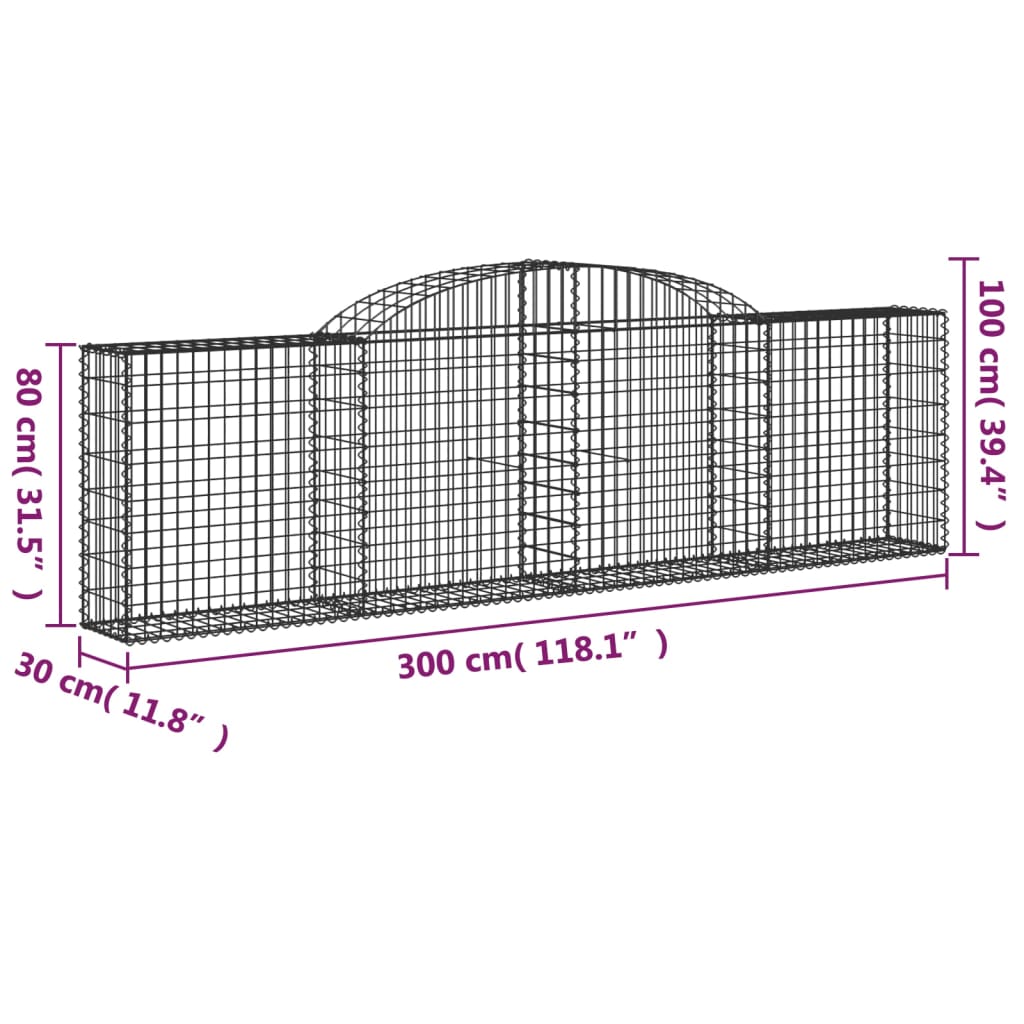 vidaXL Arched Gabion Baskets 3 pcs 118.1"x11.8"x31.5"/39.4" Galvanized Iron - Interactive Group