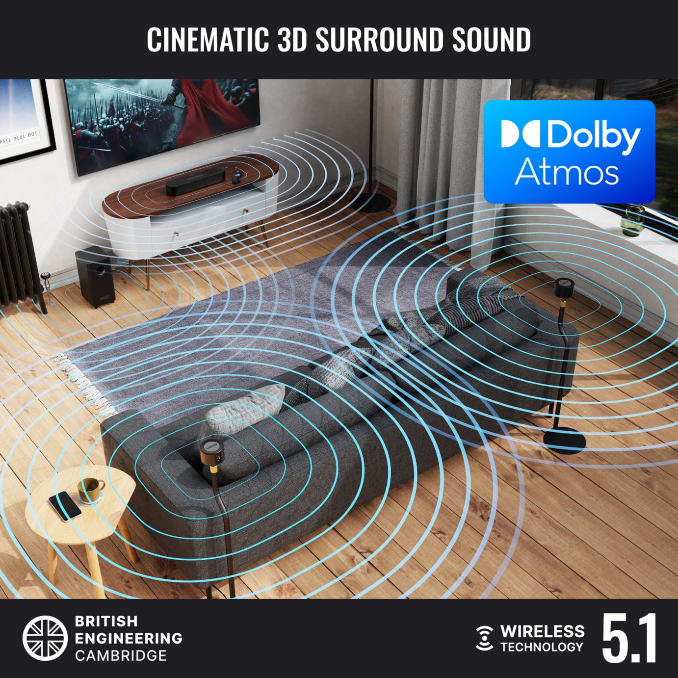 Majority Bowfell Halo 5.1Ch Atmos Soundbar with Wireless Subwoofer