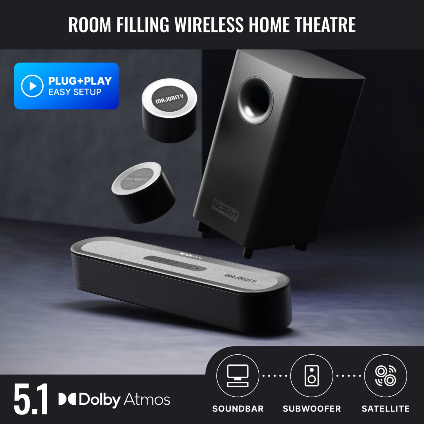 Majority Bowfell Halo 5.1Ch Atmos Soundbar with Wireless Subwoofer