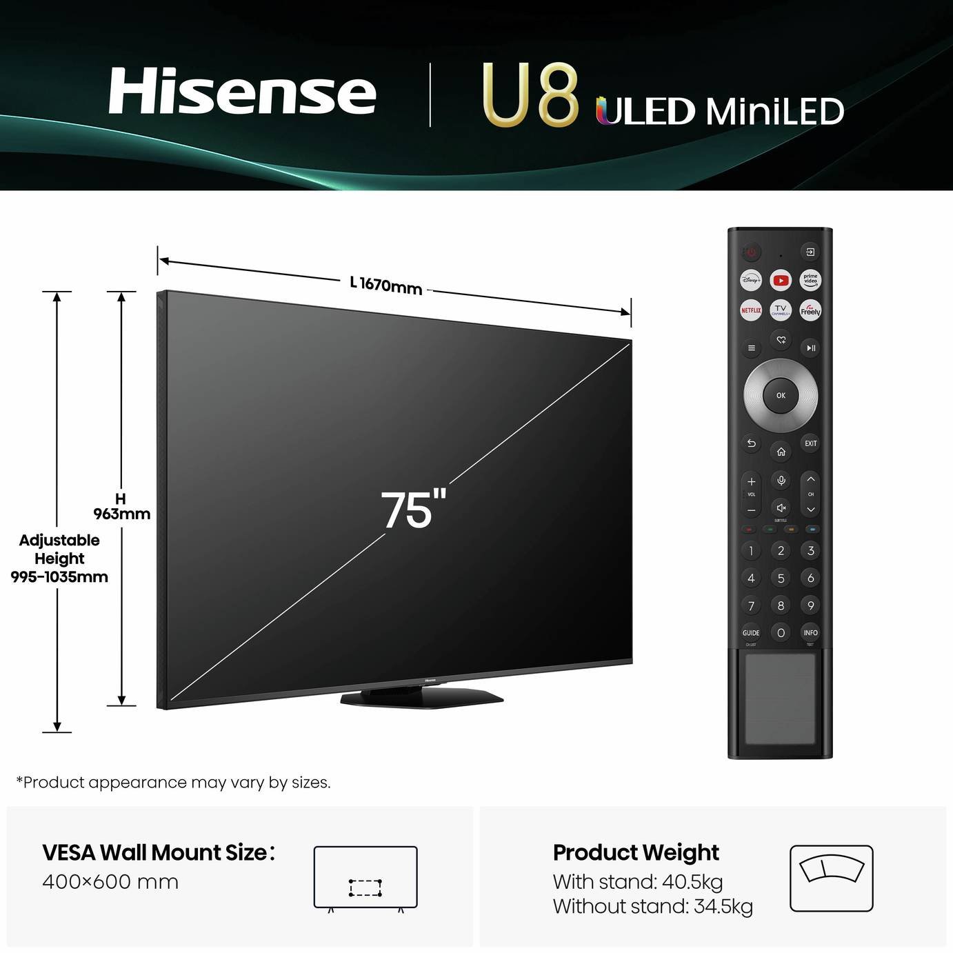 Hisense 75in 75U8QTUK Smart 4K UHD HDR MiniLED & 32in 32E4QTUK Freely TV Bundle
