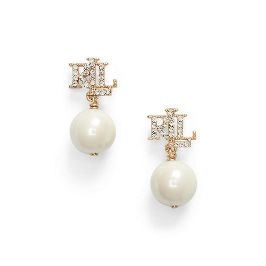 Lauren Ralph Lauren Gold Pave Logo Pearl Drop Earrings
