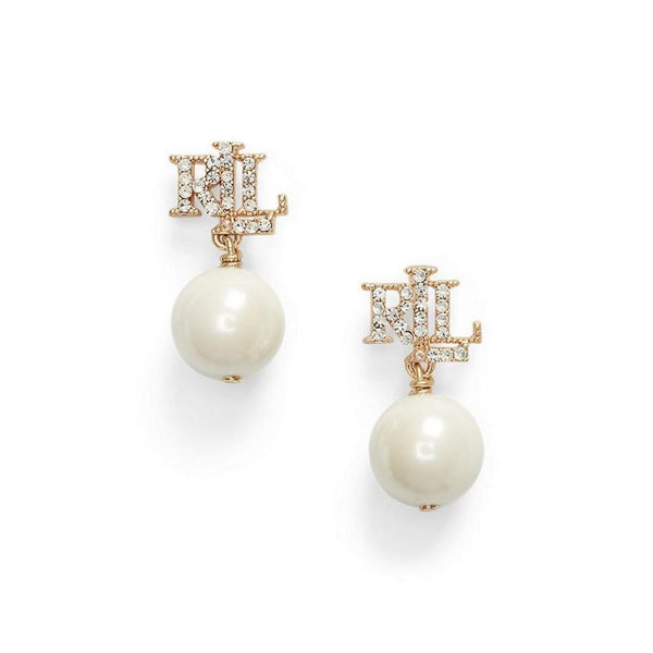 Lauren Ralph Lauren Gold Pave Logo Pearl Drop Earrings