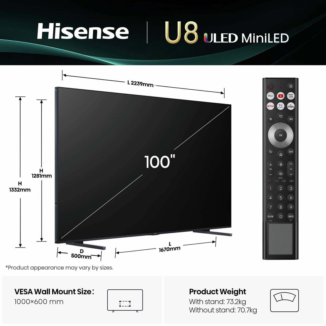 Hisense 100in 100U8QTUK Smart 4K UHD HDR MiniLED & 32E4QTUK Freely TV Bundle
