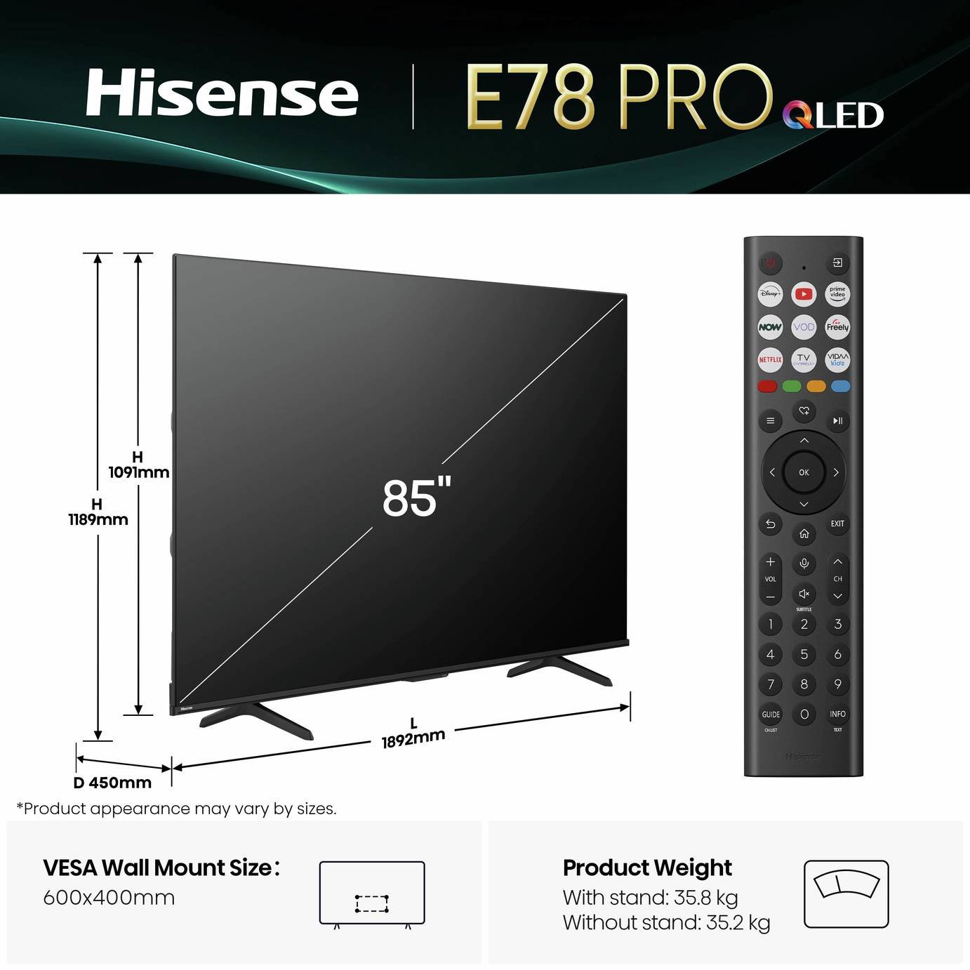 Hisense 85in 85E78QTUKPRO Smart 4K UHD HDR QLED & 32in 32E4QTUK Freely TV Bundle
