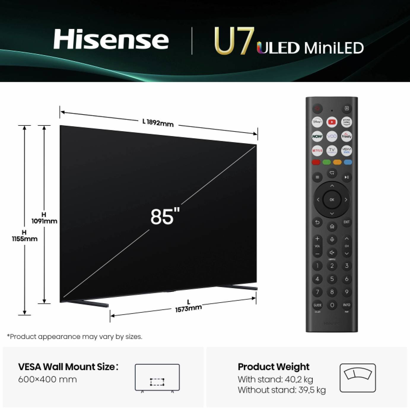 Hisense 85in 85U7QTUK Smart 4K UHD HDR MiniLED & 32in 32E4QTUK Freely TV Bundle