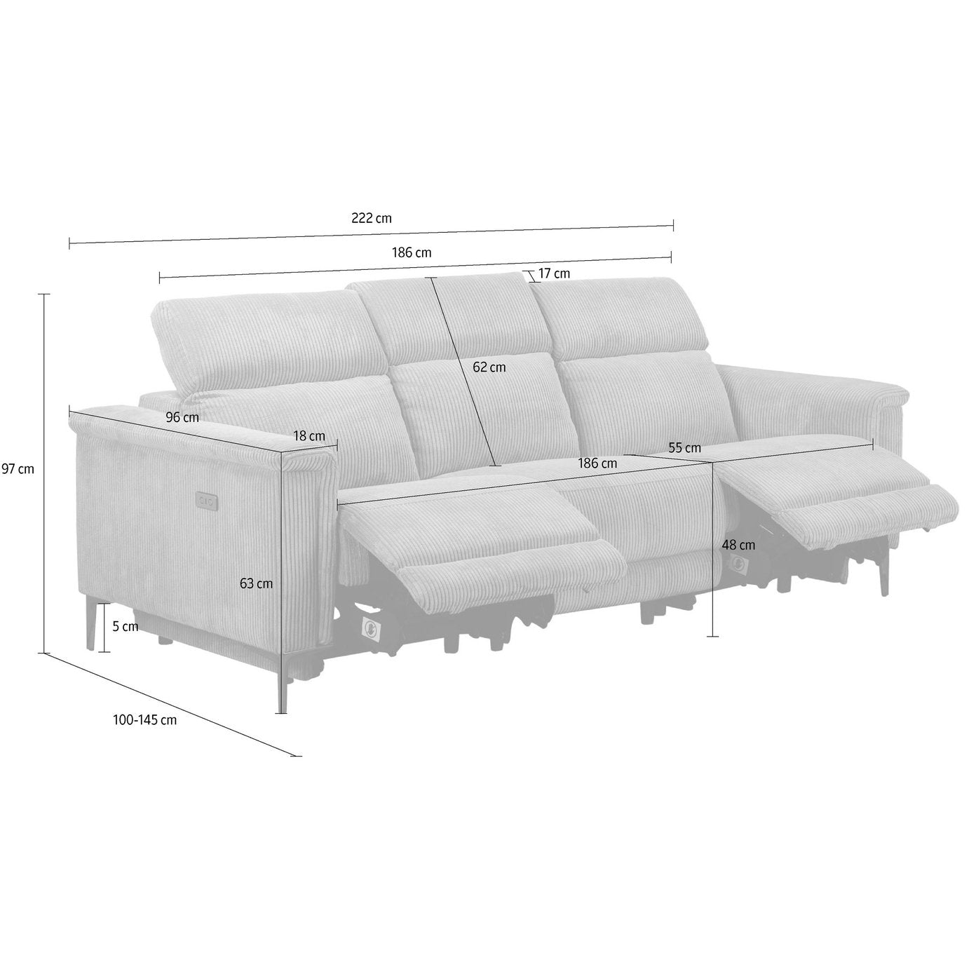 Dorel Lund Fabric 3 Seater Power Recliner Sofa - Grey