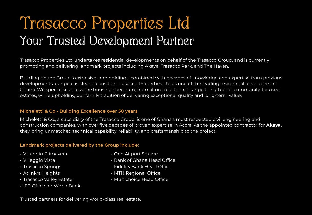 Akaya and Trassaco Park— Studio-1-2-3-4 Bedroom Modern Homes —Essential Amenities in Accra Ghana