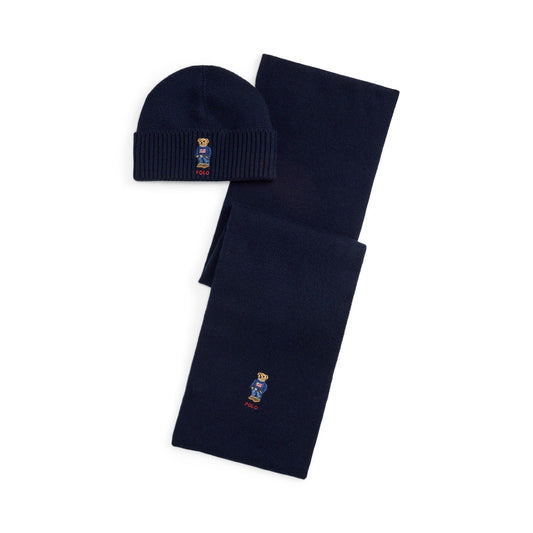 Polo Ralph Lauren Wool Blend Bear Scarf and Beanie Gift Box Winter Set