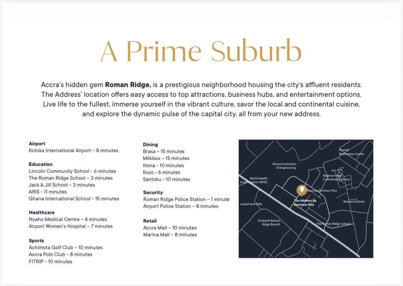 The Address — Studio One Two and Three Bedroom Ultra Luxury Serviced Apartments — Holiday Homes — Hotel and Residential Homes — Unlimited Wellness Amenities — Roman Ridge Accra Ghana New ✨