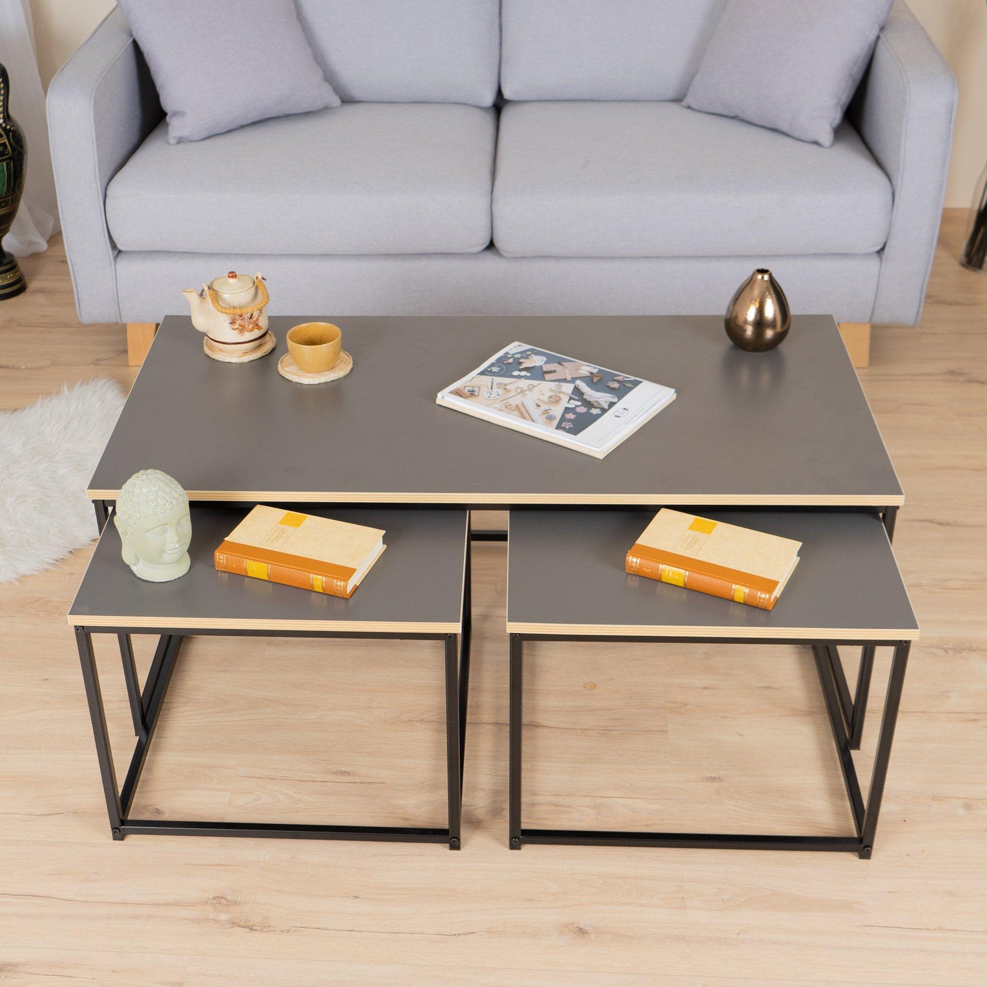 FurnitureR RICKY Black and Wooden Coffee Table Set of 3