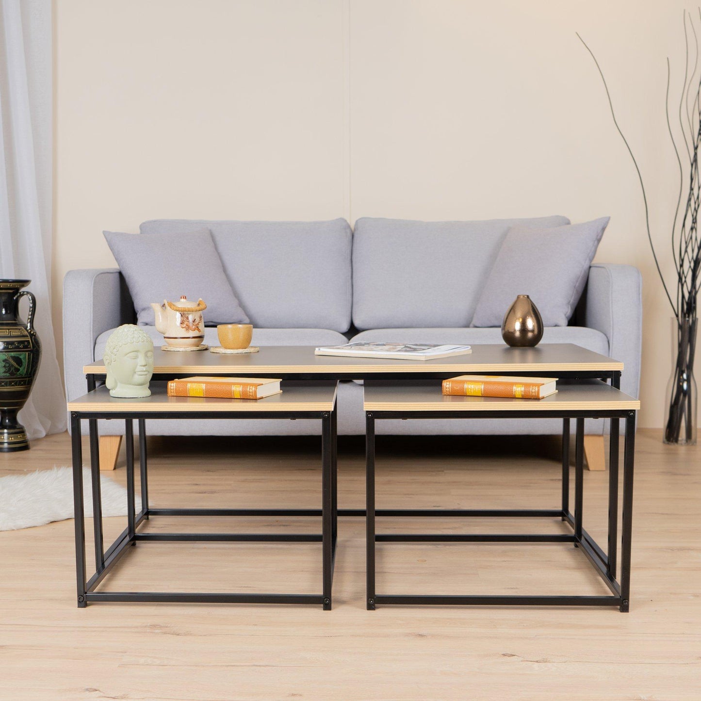 FurnitureR RICKY Black and Wooden Coffee Table Set of 3