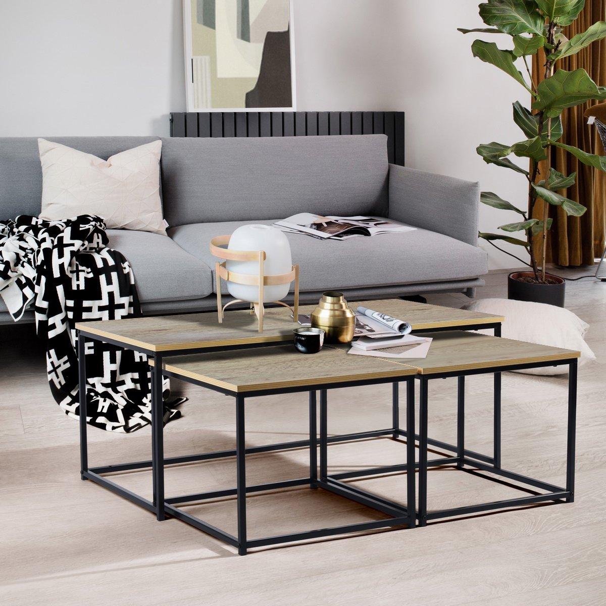 FurnitureR RICKY Black and Wooden Coffee Table Set of 3