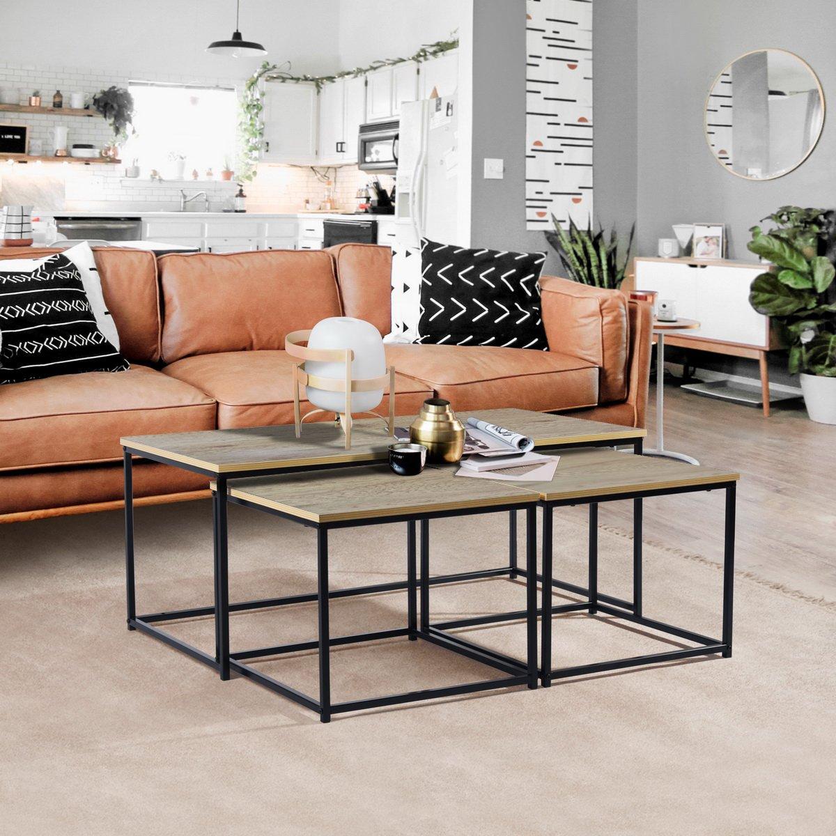 FurnitureR RICKY Black and Wooden Coffee Table Set of 3