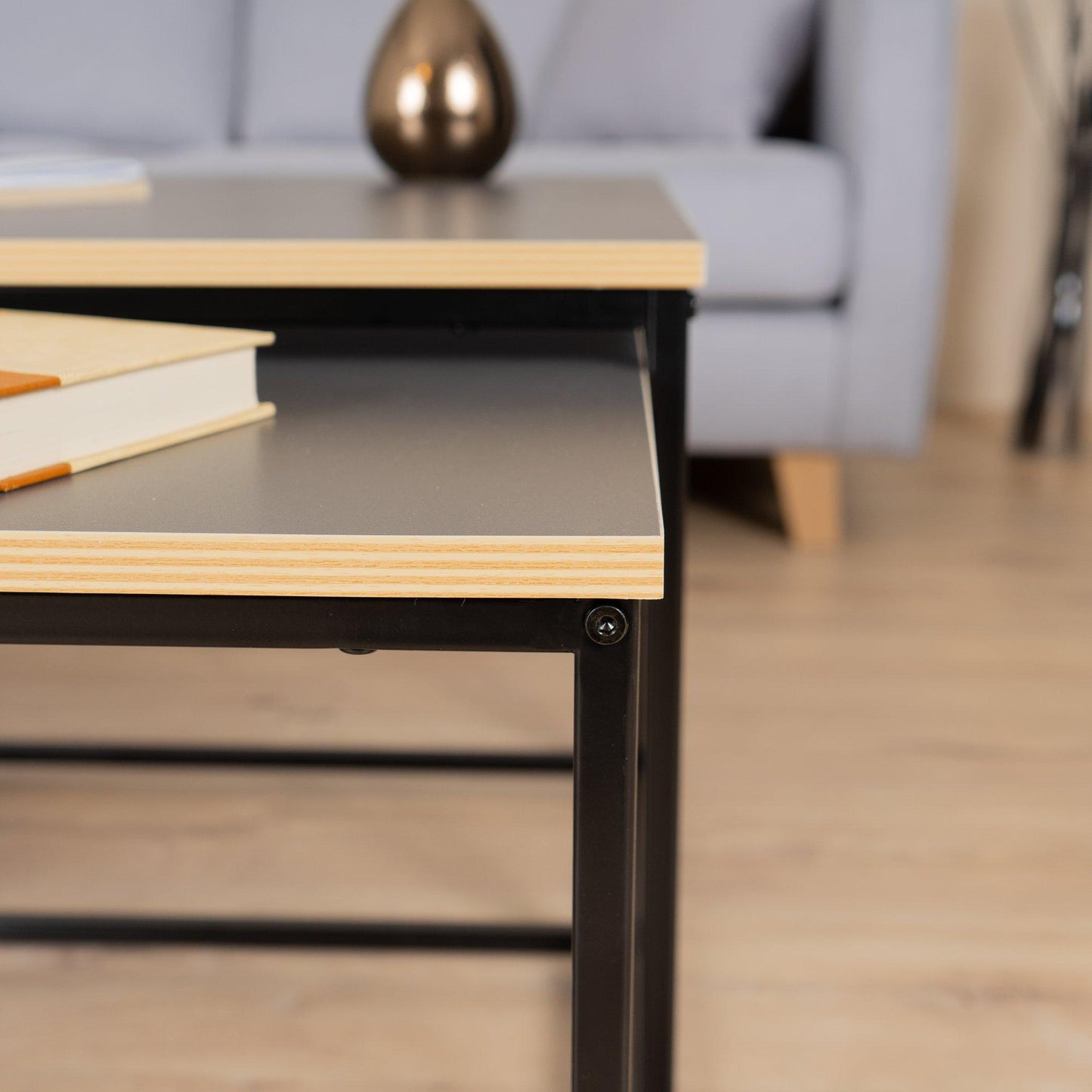 FurnitureR RICKY Black and Wooden Coffee Table Set of 3