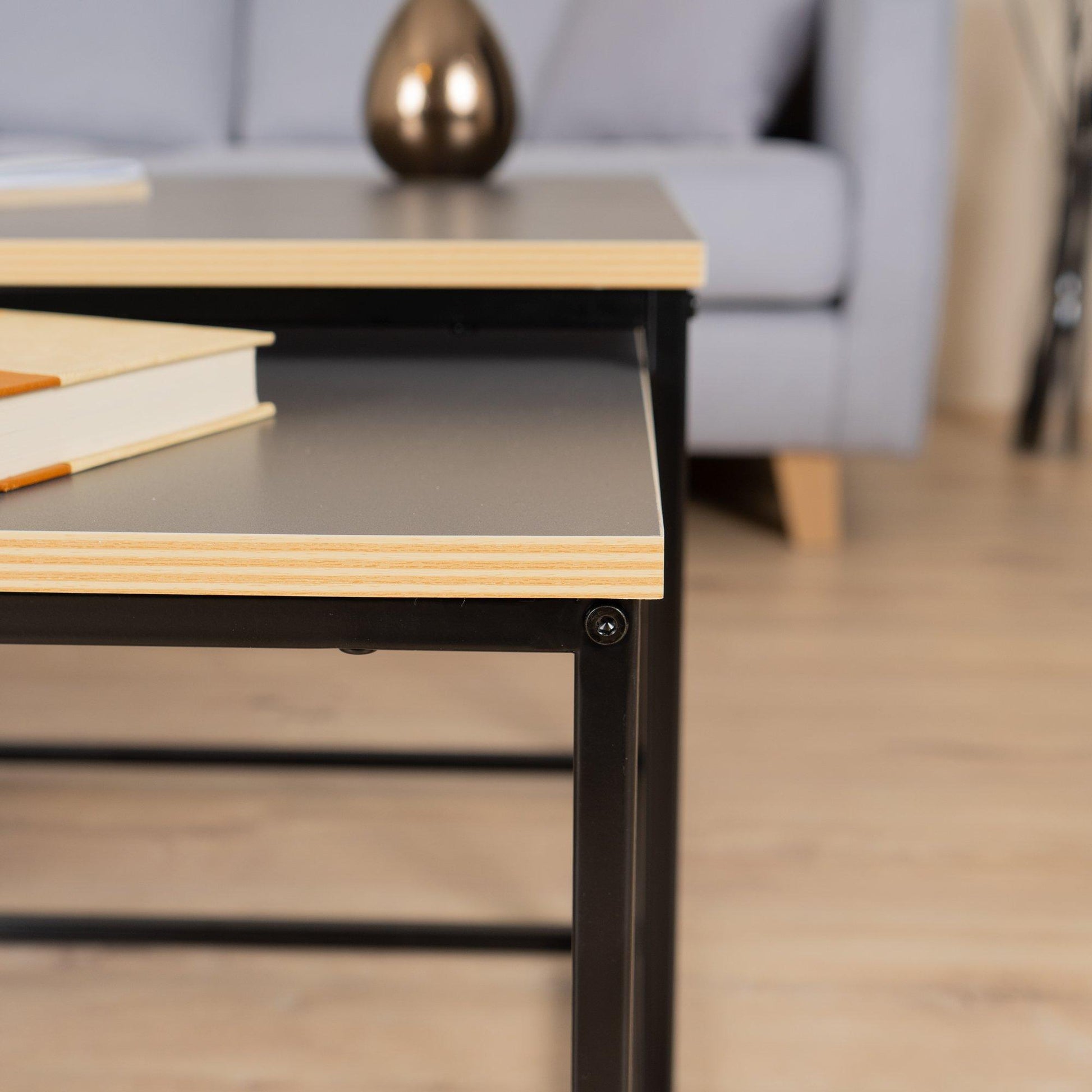 FurnitureR RICKY Black and Wooden Coffee Table Set of 3