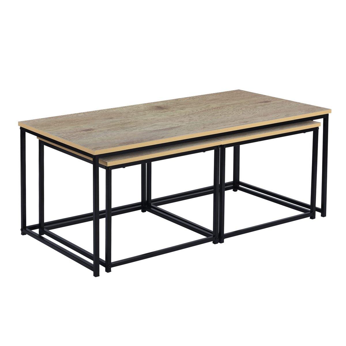 FurnitureR RICKY Black and Wooden Coffee Table Set of 3