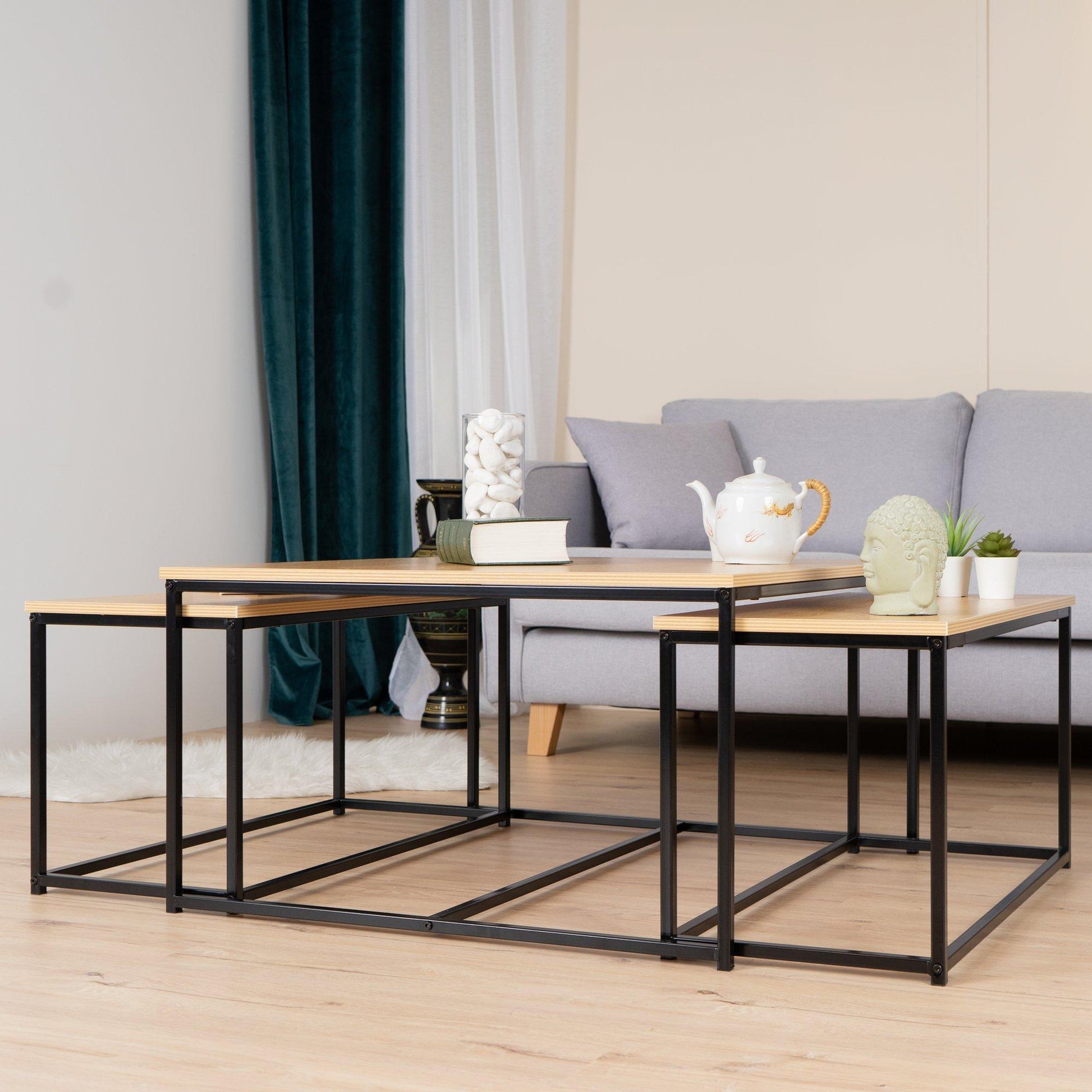 REPLOOD FurnitureR RICKY Black and Wooden Coffee Table Set of 3
