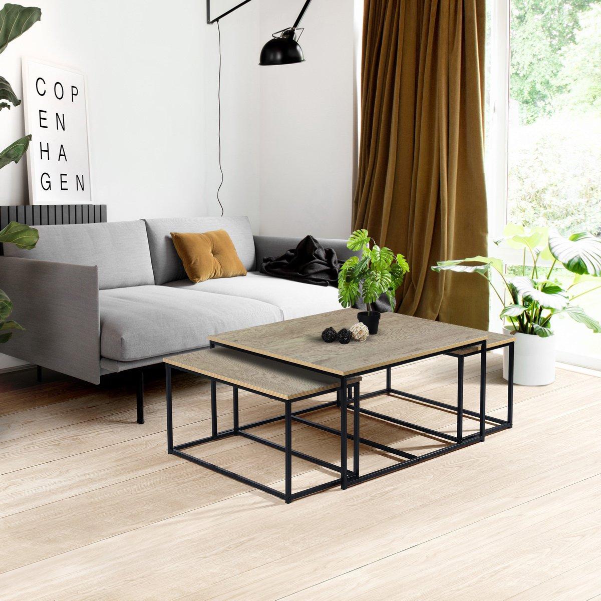 REPLOOD FurnitureR RICKY Black and Wooden Coffee Table Set of 3