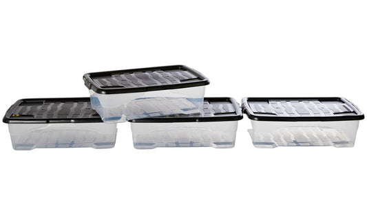 Strata Curve 4 x 30L Plastic Storage Boxes with Lid - Clear
