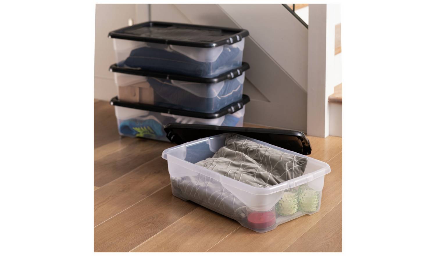 Strata Curve 4 x 30L Plastic Storage Boxes with Lid - Clear